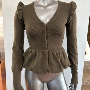 EUC Vintage Burberry Brown Merino Wool Sexy V-Neck Peplum Cardigan Sweater